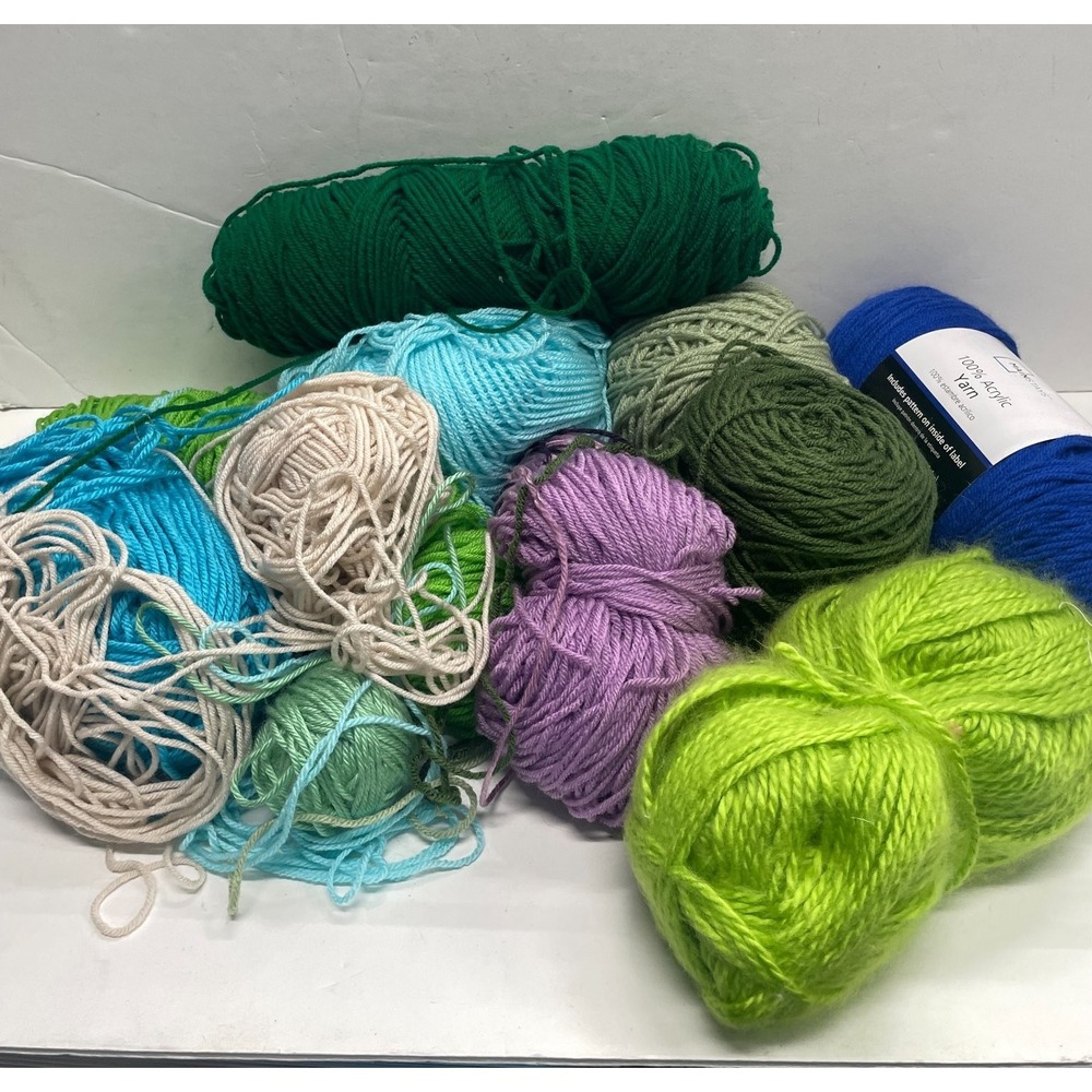 Mixed Lot of Assorted Yarn 10+ Skeins Acrylic Green Blue Purple Craft Supply